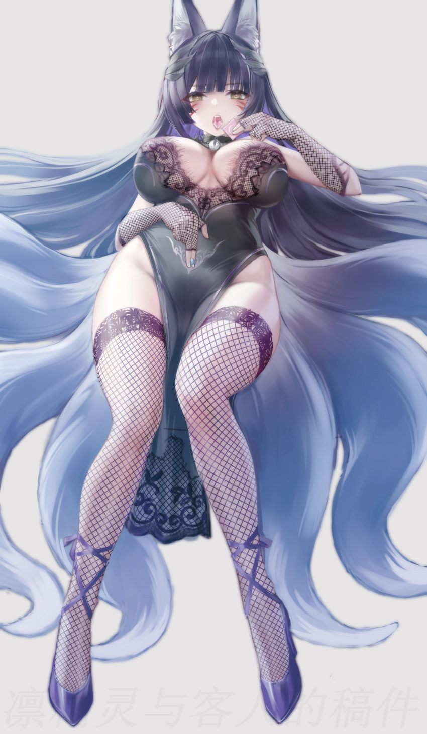 1girl absurdres alternate_costume animal_ear_fluff animal_ears azur_lane black_hair blunt_bangs breasts china_dress chinese_clothes choker cleavage condom dress elbow_gloves facial_mark fishnet_gloves fishnet_thighhighs fishnets fox_ears fox_girl fox_tail full_body gloves highres hime_cut holding holding_condom kitsune kyuubi lace-trimmed_dress lace_trim large_breasts lin_jingling long_hair multiple_tails musashi_(azur_lane) open_mouth pelvic_curtain simple_background tail thighhighs tongue tongue_out whisker_markings