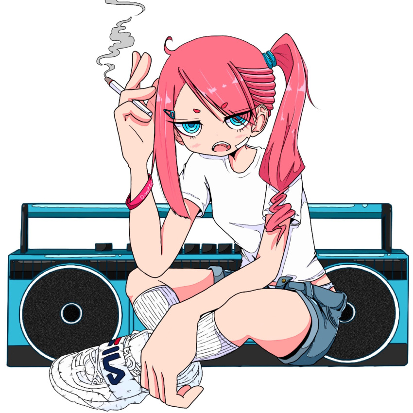 1girl ahoge asymmetrical_bangs bandaid bandaid_on_cheek bandaid_on_face blue_eyes boombox border breasts cigarette eyes_visible_through_hair fila full_body grey_shorts hair_ornament hair_over_one_eye hairclip hand_up highres holding holding_cigarette indian_style long_hair looking_at_viewer nao97122 open_mouth original pink_hair ribbed_socks ringed_eyes shirt shoes short_sleeves shorts side_ponytail simple_background single_sidelock sitting small_breasts smoke smoking sneakers socks solo t-shirt white_background white_border white_footwear white_shirt white_socks