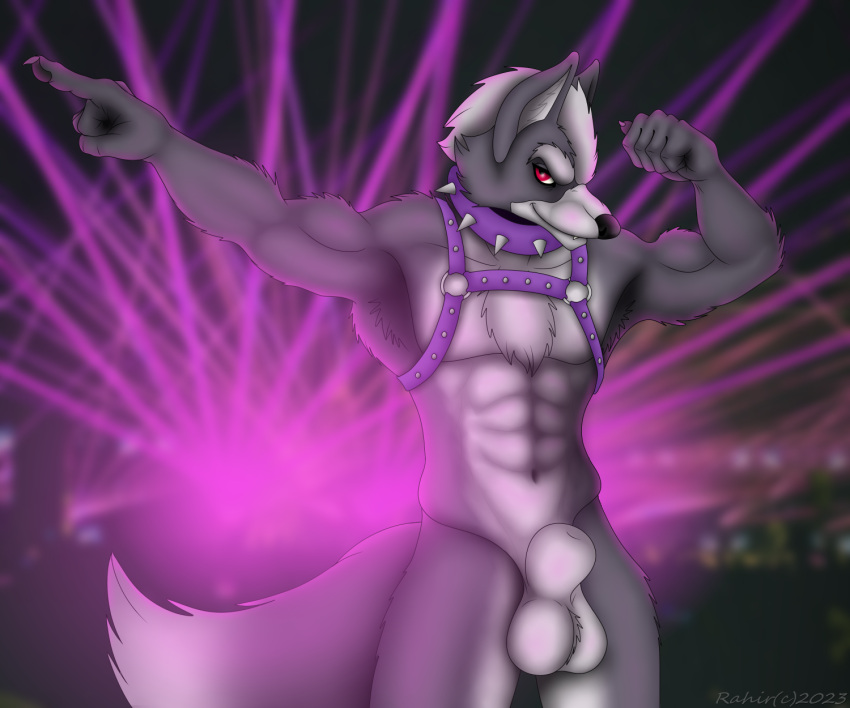 animal_genitalia anthro balls canid canine canis collar digital_media_(artwork) genitals harness hi_res invalid_tag male mammal nintendo nude o'donnell pose purple rave sheath solo spikes star_fox studded wolf