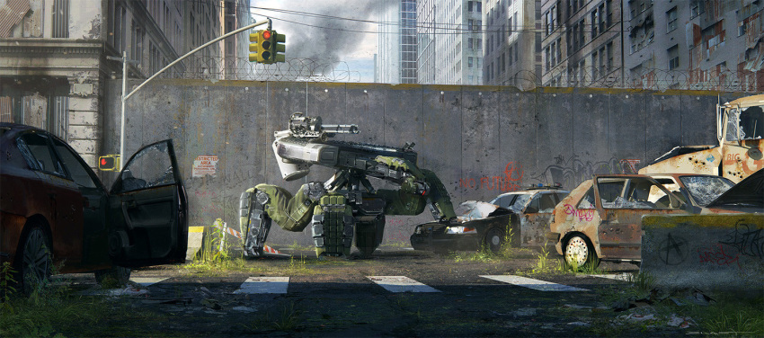 anarchy_symbol barbed_wire benjamin_last broken_glass broken_window car city english_text gatling_gun glass graffiti grass landscape mecha motor_vehicle no_humans open_door original police_car robot science_fiction traffic_light urban walker_(robot)