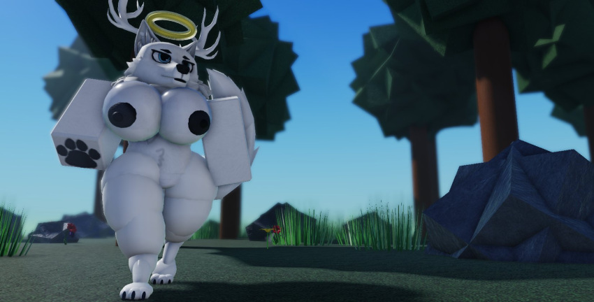 2023 2_horns 3d_(artwork) anthro arctic_wolf areola big_breasts big_butt black_areola black_claws black_nipples black_nose black_pawpads blue_eyes breasts butt canid canine canis claws digital_media_(artwork) featureless_crotch female fur grass halo hi_res horn low-angle_view mammal nipples nude outside pawpads plant roblox rock sky solo tail thick_thighs toe_claws tree walking white_body white_ears white_fur white_horn white_tail willie_piv wolf