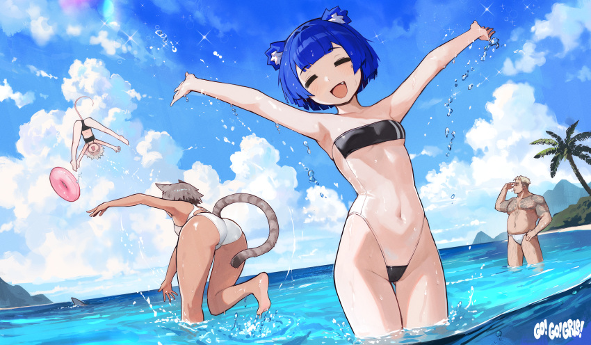1boy 3girls :d =_= airborne animal_ears armpits arms_up ass barefoot bear_ears bear_girl belly bikini black_bikini blue_hair blue_sky breasts cat_ears cat_girl cat_tail character_request chest_tattoo cigarette closed_eyes cloud cloudy_sky dark-skinned_female dark_skin day fang fundoshi gris_(vertigris) gris_swimsuit groin highres innertube japanese_clothes kara_(vertigris) large_pectorals leg_hair legs lens_flare looking_to_the_side male_swimwear meme_attire mountain mouse_girl mouse_tail multicolored_hair multiple_girls muscular muscular_male navel one-piece_swimsuit open_mouth original outdoors palm_tree pectorals perl_(vertigris) plump see-through_swimsuit shark_fin short_hair shoulder_tattoo sideburns sky small_breasts smile soles sparkle strapless strapless_one-piece_swimsuit strapless_swimsuit swimsuit tail tattoo thick_eyebrows tree two-tone_hair undercut vertigris wading water wet white_male_swimwear white_one-piece_swimsuit