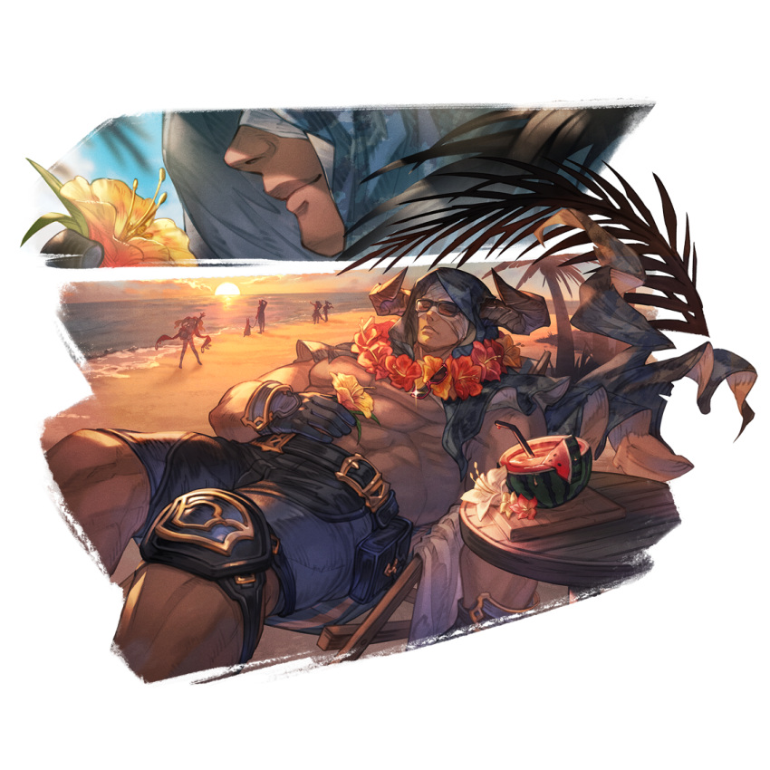 2boys 3girls bandaged_head bandages beach beatrix_(granblue_fantasy) black_male_swimwear closed_mouth day draph drinking_straw eustace_(granblue_fantasy) flower flower_necklace food fruit granblue_fantasy horns ilsa_(granblue_fantasy) large_pectorals male_swimwear multiple_boys multiple_girls muscular muscular_male official_alternate_costume official_art outdoors pectorals smile sunglasses sunset vaseraga vaseraga_(summer)_(granblue_fantasy) water watermelon yellow_flower zeta_(granblue_fantasy)