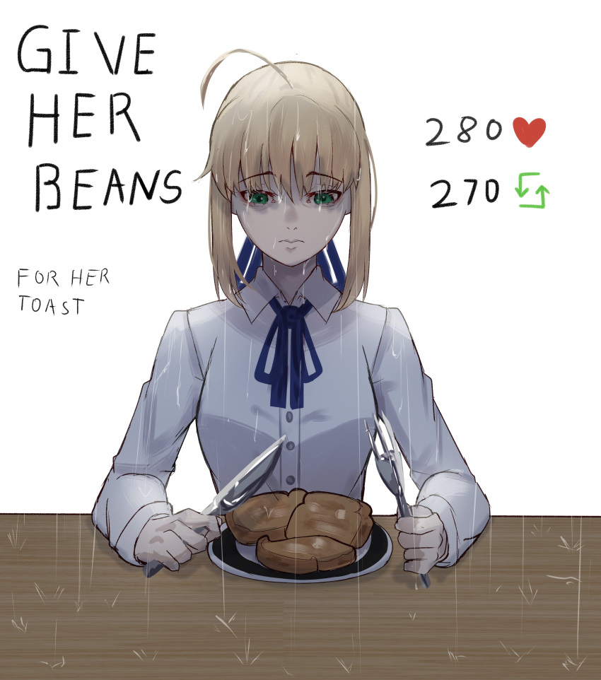 1girl absurdres ahoge artoria_pendragon_(fate) blonde_hair blue_ribbon bow closed_mouth eating english_text fate/grand_order fate/stay_night fate_(series) food fork gloves green_eyes hair_between_eyes hair_ribbon hh_(hehexd06161704) highres holding holding_fork holding_knife knife long_hair long_sleeves looking_at_food neck_ribbon plate rain ribbon saber sad shirt sidelocks simple_background solo table toast upper_body white_background white_shirt