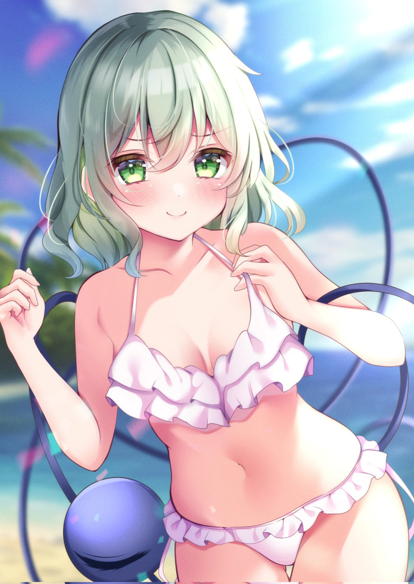 &gt;:) 1girl bare_arms bare_shoulders beach bikini bikini_tug blue_sky blurry blurry_background blush breasts cleavage closed_mouth collarbone colored_eyelashes commentary_request commission cowboy_shot curvy day depth_of_field double-parted_bangs eyelashes frilled_bikini frills green_eyes green_hair hair_between_eyes halterneck hands_up highres komeiji_koishi looking_at_viewer medium_hair navel no_headwear ocean outdoors pink_bikini shirotsuki_shirone skeb_commission sky small_breasts smile smug solo standing stomach swimsuit thigh_gap third_eye touhou v-shaped_eyebrows wavy_hair