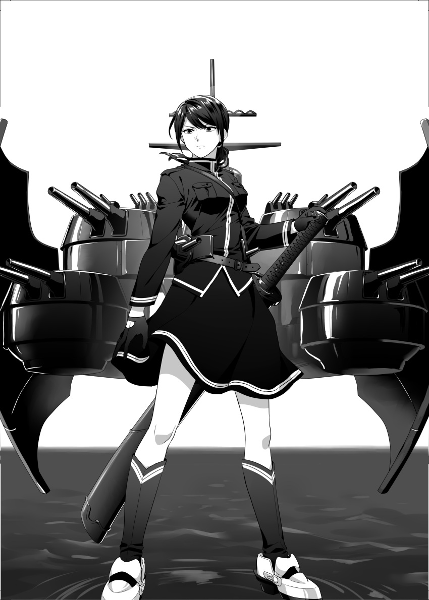 1girl absurdres breasts cannon commentary_request female_admiral_(kancolle) gloves greyscale highres kana_haruki kantai_collection mast medium_breasts medium_skirt monochrome nakama_saori ponytail ripples serious sheath skirt solo standing standing_on_liquid sword weapon