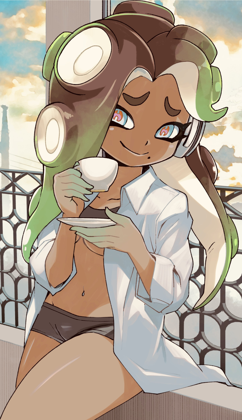 1girl absurdres aqua_skin blue_eyes blue_sky breasts brown_hair cephalopod_eyes closed_mouth cloud collarbone collared_shirt colored_skin cup dark-skinned_female dark_skin furrowed_brow gradient_hair gradient_skin groin hands_up headphones highres holding holding_cup holding_saucer light_green_hair long_hair marina_(splatoon) medium_breasts mole mole_under_mouth multicolored_hair multicolored_skin muramasa_mikado navel navel_piercing open_clothes open_shirt piercing pink_pupils saucer shirt sky smile solo splatoon_(series) splatoon_2 teacup tentacle_hair thighs two-tone_hair two-tone_skin underboob white_shirt