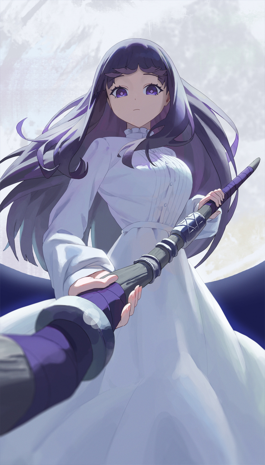 1girl absurdres aiming aiming_at_viewer blunt_bangs dress expressionless fern_(sousou_no_frieren) floating_hair full_moon highres holding holding_staff llami_0 long_dress long_hair long_sleeves looking_at_viewer mage_staff moon purple_eyes purple_hair solo sousou_no_frieren staff very_long_hair white_dress