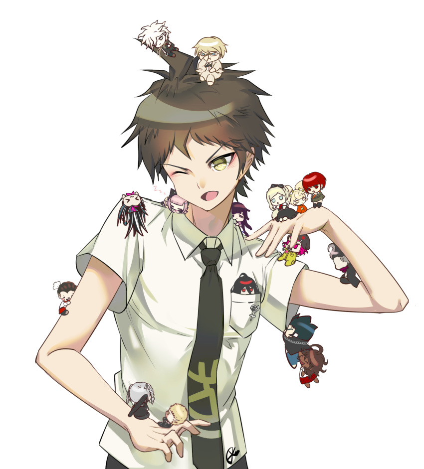 &gt;_&lt; 6+boys 6+girls ;d ahoge black_hair blonde_hair breast_pocket brown_eyes brown_hair chibi danganronpa_(series) danganronpa_2:_goodbye_despair everyone green_necktie grey_hair hanamura_teruteru hand_up highres hinata_hajime kamukura_izuru koizumi_mahiru komaeda_nagito kuzuryu_fuyuhiko mioda_ibuki multiple_boys multiple_girls nanami_chiaki necktie nidai_nekomaru one_eye_closed open_mouth owari_akane pekoyama_peko pink_hair pocket red_hair saionji_hiyoko short_sleeves sleeping smile soda_kazuichi solo_focus sonia_nevermind standing tanaka_gundham togami_byakuya_(danganronpa_2) tsumiki_mikan yomu_(dangan_yomu)