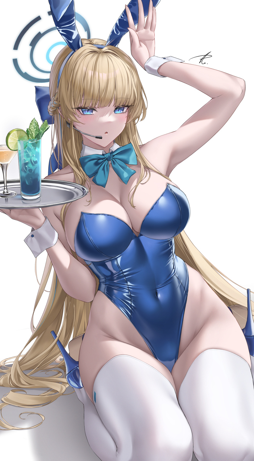 1girl :o absurdres animal_ears arm_up bare_shoulders blonde_hair blue_archive blue_bow blue_eyes blue_hairband blue_leotard bow bowtie braid breasts cleavage covered_navel cup detached_collar drinking_glass fake_animal_ears food fruit groin hairband halo high_heels highleg highleg_leotard highres holding holding_tray ice ice_cube large_breasts leotard lime_(fruit) lime_slice long_hair mint official_alternate_costume official_alternate_hairstyle parted_lips playboy_bunny rabbit_ears rabbit_pose seiza signature sitting thighhighs thighs toki_(blue_archive) toki_(bunny)_(blue_archive) tray very_long_hair white_thighhighs wrist_cuffs yabacha