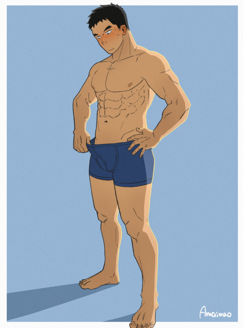 1boy abs amaimao bara blue_male_underwear blush boxers bulge full_body highres looking_at_crotch male_focus male_underwear male_underwear_pull mature_male muscular muscular_male navel nipples original pectorals short_hair sideburns solo standing sweatdrop topless_male underwear