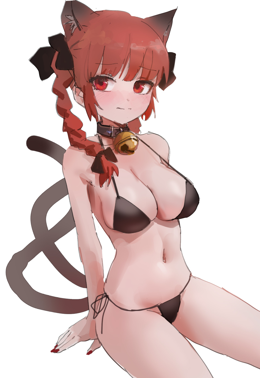 1girl alternate_costume animal_ears bell bikini black_bow blunt_bangs blush bow braid breasts cat_ears cat_tail cleavage collar embarrassed extra_ears hair_bow hair_ribbon highres jingle_bell kaenbyou_rin large_breasts long_hair looking_to_the_side multiple_tails nail_polish navel nekomata red_eyes red_hair red_nails reddizen ribbon simple_background sitting solo swimsuit tail touhou tress_ribbon twin_braids two_tails white_background
