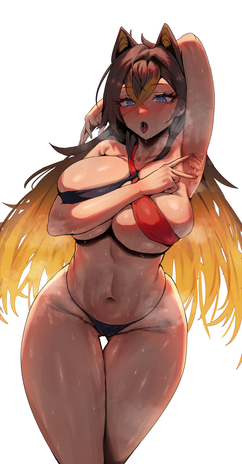 1girl :o absurdres arm_behind_head arm_up armpits ass asymmetrical_clothes bangs bare_shoulders black_hair black_panties blonde_hair blue_eyes blush breasts breath criss-cross_halter crossed_bangs dark-skinned_female dark_skin dehya_(genshin_impact) genshin_impact hair_between_eyes hair_ears hair_intakes halterneck highres huge_ass kuyokuyo linea_alba long_hair looking_at_viewer multicolored_hair navel open_mouth panties red_nails saliva_drip sideboob skindentation solo spread_armpit steaming_body stomach streaked_hair sweat thick_thighs thigh_gap thighs thong toned two-tone_hair underboob underwear white_background