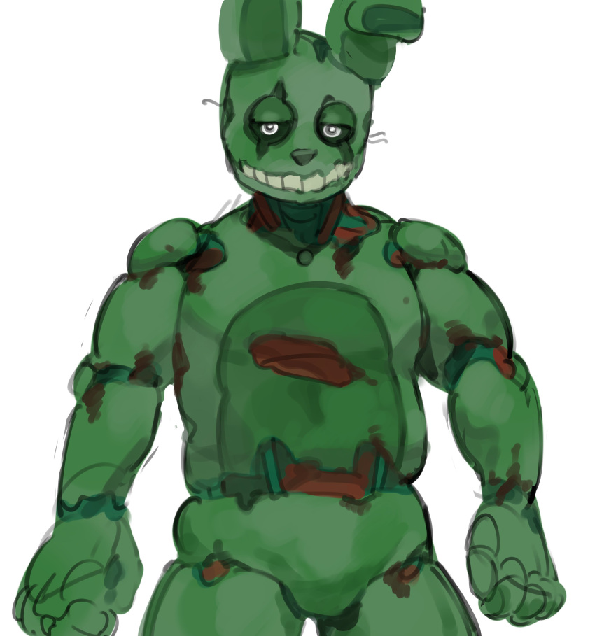 absurd_res animatronic anthro countershade_torso countershading five_nights_at_freddy's five_nights_at_freddy's_3 green_body hi_res kogito lagomorph leporid lidded_eyes machine male mammal rabbit rabbit_ears robot scottgames simple_background solo springtrap_(fnaf) teeth white_background wire