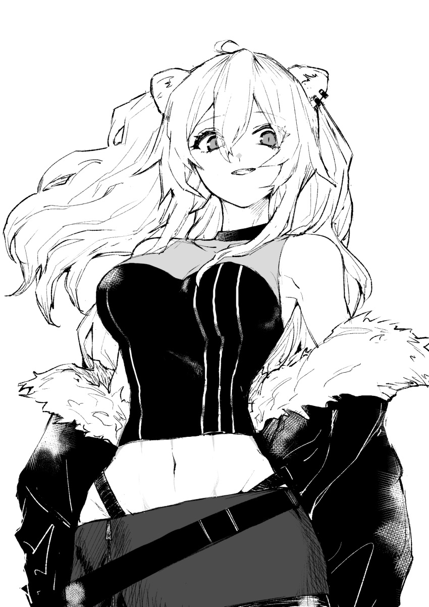 1girl animal_ear_piercing animal_ears breasts ear_piercing fur-trimmed_jacket fur_trim highres hololive hololive_english jacket large_breasts lion_ears lion_girl miniskirt monochrome navel not_nodu piercing shishiro_botan shishiro_botan_(1st_costume) skirt sports_bra striped striped_sports_bra virtual_youtuber zipper_skirt