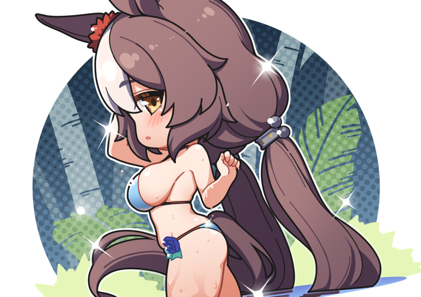 1girl animal_ears arm_up ass bare_shoulders bikini blue_bikini blue_flower blue_rose blurry blurry_background breasts brown_hair chibi commentary ear_scrunchie flower from_side hair_between_eyes hand_up horse_ears horse_girl horse_tail large_breasts long_hair looking_at_viewer low_twintails multicolored_hair no_nose parted_lips profile red_scrunchie rose scrunchie sideboob skindentation solo sparkle streaked_hair swimsuit tail thighs tree twintails umamusume very_long_hair wading warashi water wet white_hair yamanin_zephyr_(umamusume) yellow_eyes