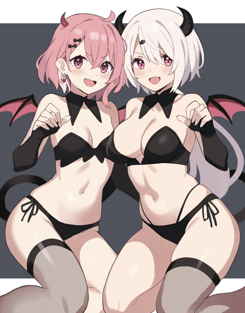 2girls black_bra black_bridal_gauntlets black_horns black_panties blush border bra breasts cleavage demon_horns demon_tail demon_wings detached_collar fang glastonbury1966 grey_background grey_thighhighs hair_between_eyes hand_up highleg highleg_panties highres horns kneeling large_breasts medium_breasts mole mole_on_breast mole_under_eye multicolored_hair multiple_girls navel nijisanji open_mouth panties pink_eyes pink_hair red_horns sasaki_saku shiina_yuika side-tie_panties single_thighhigh skin_fang smile stomach strapless strapless_bra streaked_hair tail thighhighs underwear v-shaped_eyebrows virtual_youtuber white_border white_hair wings