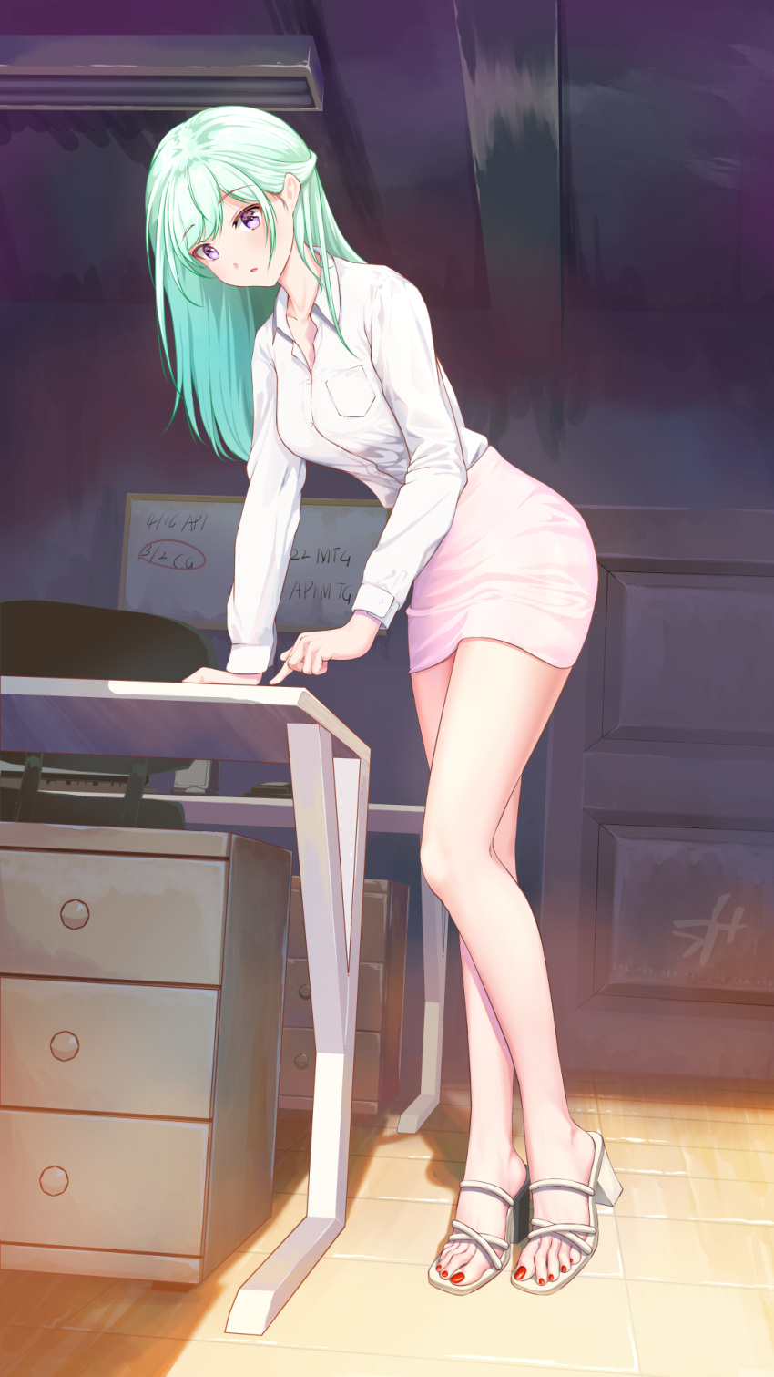 1girl bare_legs breasts collarbone collared_shirt feet green_hair high_heels highres indoors leaning_forward leaning_on_table legs long_hair long_legs looking_at_viewer medium_breasts nail_polish office office_lady original parted_lips pencil_skirt pointing pointing_down purple_eyes red_nails shirt shirt_tucked_in skirt solo strappy_heels swept_bangs thighs toeless_footwear toenail_polish toenails toes wcks0774 white_footwear white_shirt white_skirt