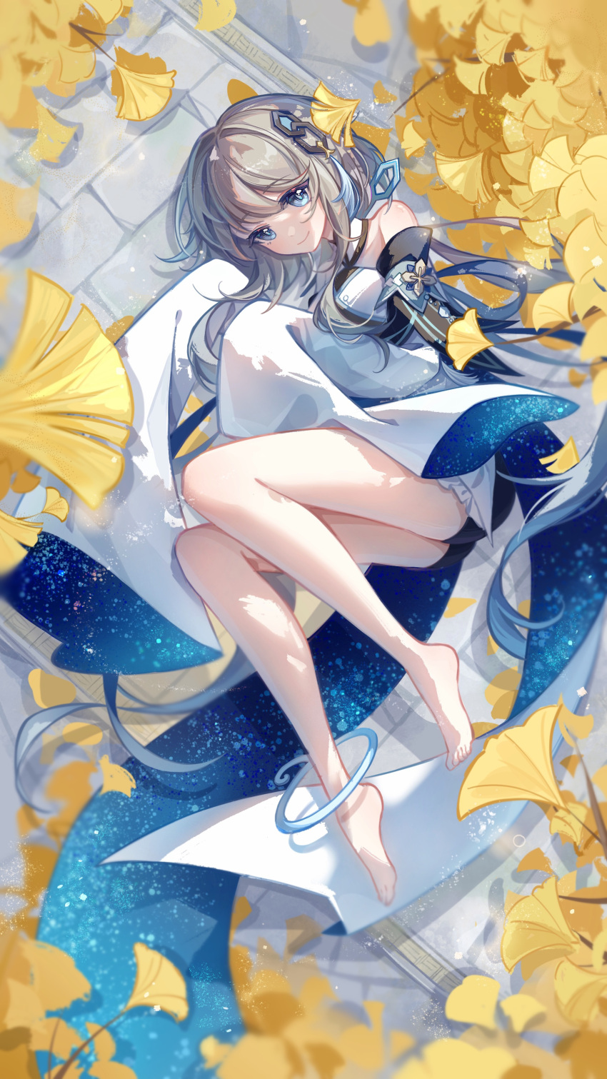 1girl absurdres barefoot blue_eyes brick_floor closed_mouth dot_nose genshin_impact ginkgo_leaf grey_hair guizhong_(genshin_impact) hair_ornament highres leaf looking_at_viewer lying mibai_yume no_shoes on_side sidelocks sleeves_past_fingers sleeves_past_wrists solo tassel tassel_hair_ornament wide_sleeves
