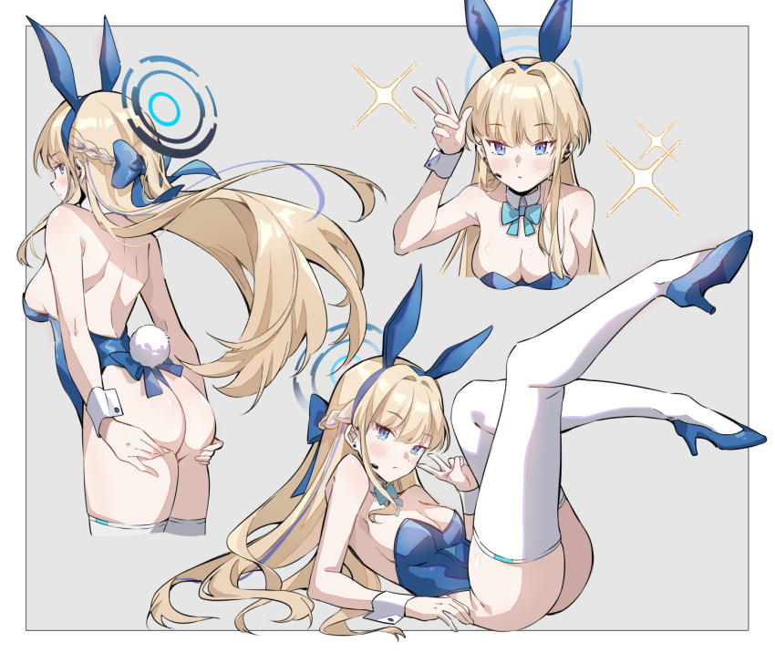 1girl animal_ears aqua_bow aqua_bowtie ass blonde_hair blue_archive blue_bow blue_eyes blue_footwear blue_hair bow bowtie braid breasts cleavage commentary detached_collar fake_animal_ears fake_tail grey_background hair_bow halo headset highres hoshiko_(419401x) legs_up long_hair looking_at_viewer medium_breasts multicolored_hair multiple_views official_alternate_costume playboy_bunny rabbit_ears rabbit_tail shoes sideboob simple_background tail thighhighs toki_(blue_archive) toki_(bunny)_(blue_archive) two-tone_hair v white_thighhighs