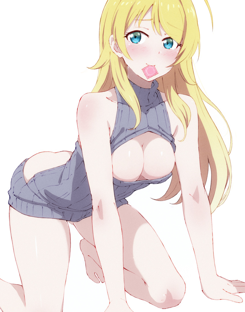1girl absurdres ahoge all_fours ass bare_legs barefoot blonde_hair blush breasts cleavage cleavage_cutout clothing_cutout collarbone condom condom_wrapper hachimiya_meguru highres holding holding_condom idolmaster idolmaster_shiny_colors long_hair looking_at_viewer meme_attire mouth_hold onpu_(ghkc2238) simple_background smile solo straight_hair very_long_hair virgin_killer_sweater white_background