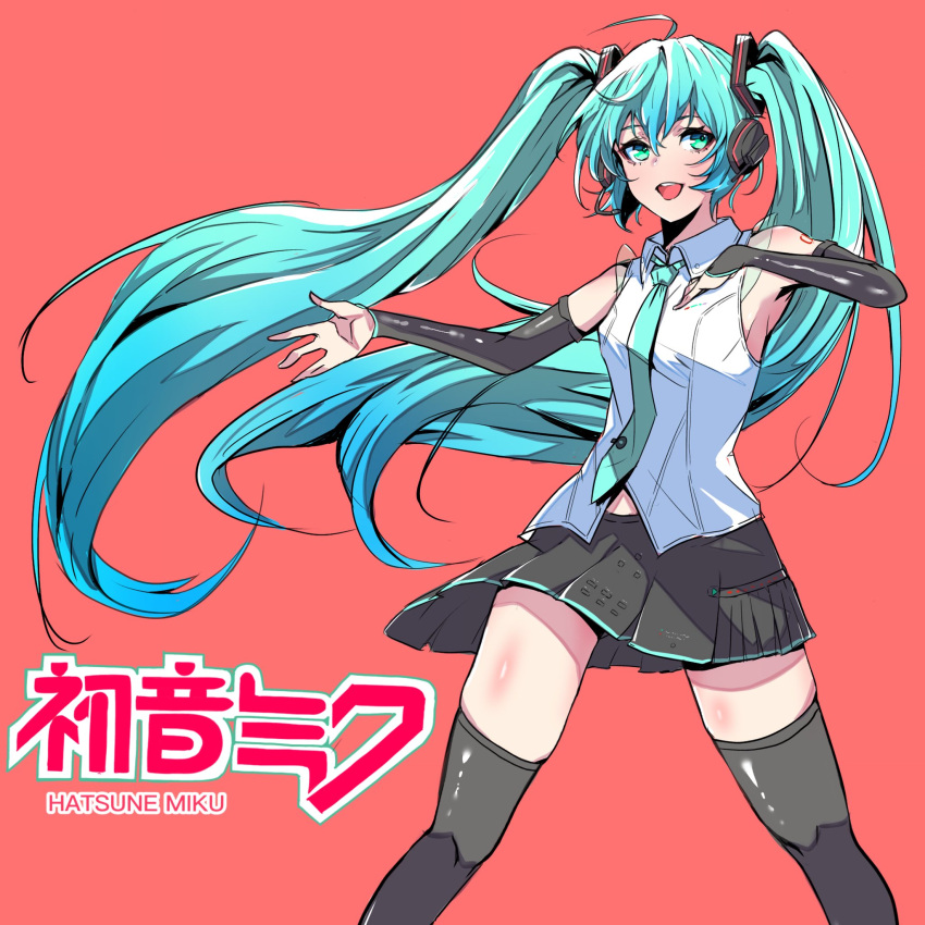 1girl aqua_eyes aqua_hair aqua_necktie bare_shoulders black_skirt black_sleeves black_thighhighs character_name collared_shirt commentary_request crazy02oekaki detached_sleeves feet_out_of_frame floating_hair hair_between_eyes hair_ornament hand_on_own_chest hatsune_miku hatsune_miku_(vocaloid4) headset highres long_hair midriff_peek necktie number_tattoo open_hands open_mouth pleated_skirt shirt shoulder_tattoo simple_background skirt sleeveless sleeveless_shirt solo standing tattoo thighhighs twintails v4x very_long_hair vocaloid white_shirt