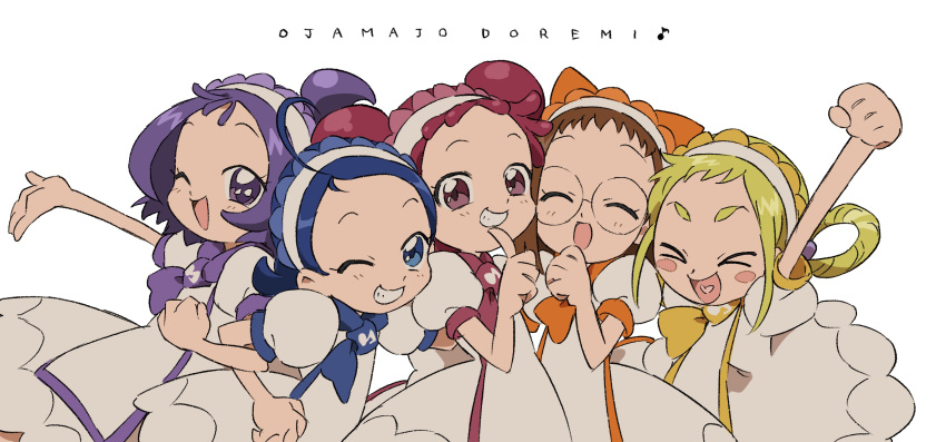 &gt;_&lt; 5girls :d arm_up asuka_momoko blonde_hair blue_eyes blue_hair blush brown_hair closed_eyes color_coordination commentary_request copyright_name double_bun dress finger_to_mouth fujiwara_hazuki glasses grin hair_bun hair_rings hairband hand_up harukaze_doremi highres long_hair looking_at_viewer multiple_girls ojamajo_doremi one_eye_closed one_side_up open_mouth outstretched_arm pink_eyes pink_hair puffy_short_sleeves puffy_sleeves purple_eyes purple_hair round_eyewear segawa_onpu senoo_aiko short_bangs short_hair short_sleeves simple_background smile teruya_(6w6y) v-shaped_eyebrows white_background white_dress white_hairband