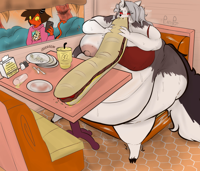 anthro areola being_watched belly big_belly big_breasts big_butt bodily_fluids breasts butt canid canid_demon demon english_text female food fur grey_body grey_fur grey_hair hair hellhound helluva_boss hi_res holding_food holding_object huge_belly huge_breasts imp looking_at_another loona_(helluva_boss) mammal morbidly_obese morbidly_obese_anthro morbidly_obese_female nipples notched_ear obese obese_anthro obese_female one_breast_out overweight overweight_anthro overweight_female plantedpot red_sclera sandwich_(food) sitting sweat text white_body white_eyes white_fur