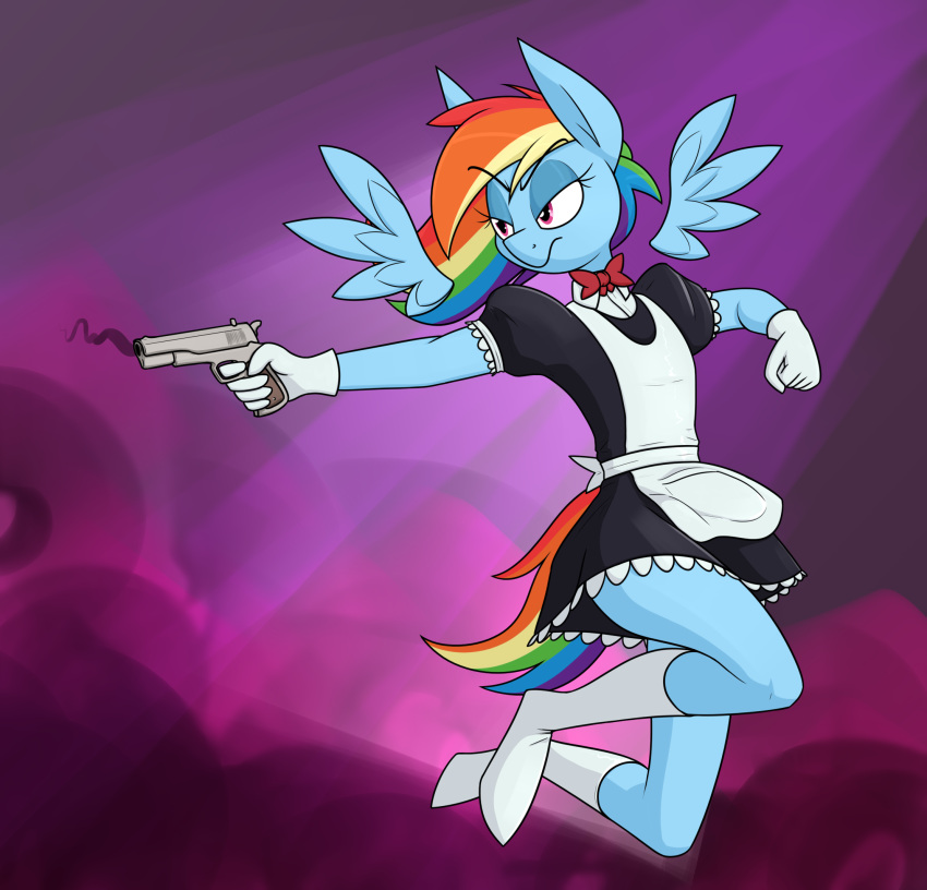 5_fingers anthro apron blue_body blue_feathers blue_fur bow_tie clothing digital_media_(artwork) equid equine eyelashes feathered_wings feathers female fingers footwear friendship_is_magic fur gun hair hasbro hi_res holding_object holding_weapon maid_uniform mammal moonatik multicolored_hair multicolored_tail my_little_pony pegasus pink_eyes rainbow_dash_(mlp) rainbow_hair rainbow_tail ranged_weapon socks tail uniform weapon wings