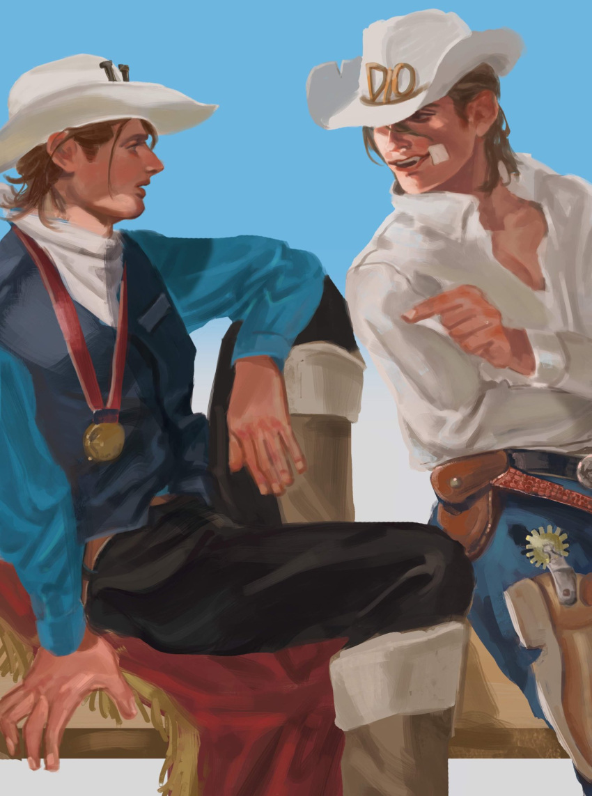2boys bandage_on_face bandages black_pants blonde_hair blue_eyes blue_pants boots commentary cowboy cowboy_boots danart14020 diego_brando highres johnny_joestar jojo_no_kimyou_na_bouken long_sleeves looking_at_another male_focus medal medium_hair multiple_boys open_mouth pants realistic shirt sitting steel_ball_run symbol-only_commentary vest white_headwear white_shirt