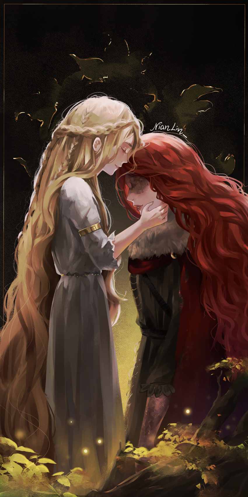 1boy 1girl absurdres armlet black_background blonde_hair braid brother_and_sister brown_dress cloak closed_eyes dress elden_ring fur_collar gold_belt hand_on_another's_cheek hand_on_another's_face highres kiss kissing_forehead kneeling long_hair malenia_blade_of_miquella miquella_(elden_ring) multiple_braids nianlin no_eyes red_cloak red_hair robe siblings twins very_long_hair white_robe