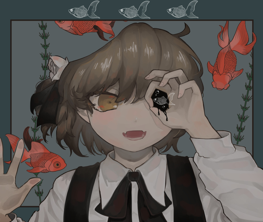 1girl against_fourth_wall black_ribbon blue_background blue_border border brown_eyes brown_hair collared_shirt commentary_request dripping fangs fish flower goldfish hair_flower hair_ornament hair_ribbon hands_up hatoba_tsugu highres long_sleeves looking_at_viewer ochinchin_(user_njww5827) ok_sign ok_sign_over_eye one_eye_covered open_mouth outside_border plant plant_request portrait ribbon shirt short_hair simple_background skin_fangs smile solo straight-on suspenders transparent tsugu_(vtuber) virtual_youtuber white_flower white_shirt