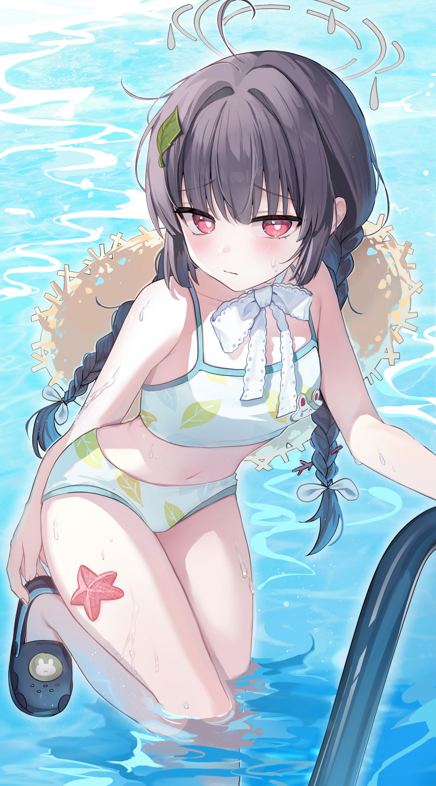 1girl absurdres ahoge bikini black_footwear black_hair blue_archive blush braid breasts brown_headwear closed_mouth commentary crocs danha grey_halo halo hat hat_around_neck highres leaf leaf_on_head leaf_print long_hair miyu_(blue_archive) miyu_(swimsuit)_(blue_archive) official_alternate_costume petite print_bikini red_eyes small_breasts solo starfish straw_hat swimsuit twin_braids wading white_bikini