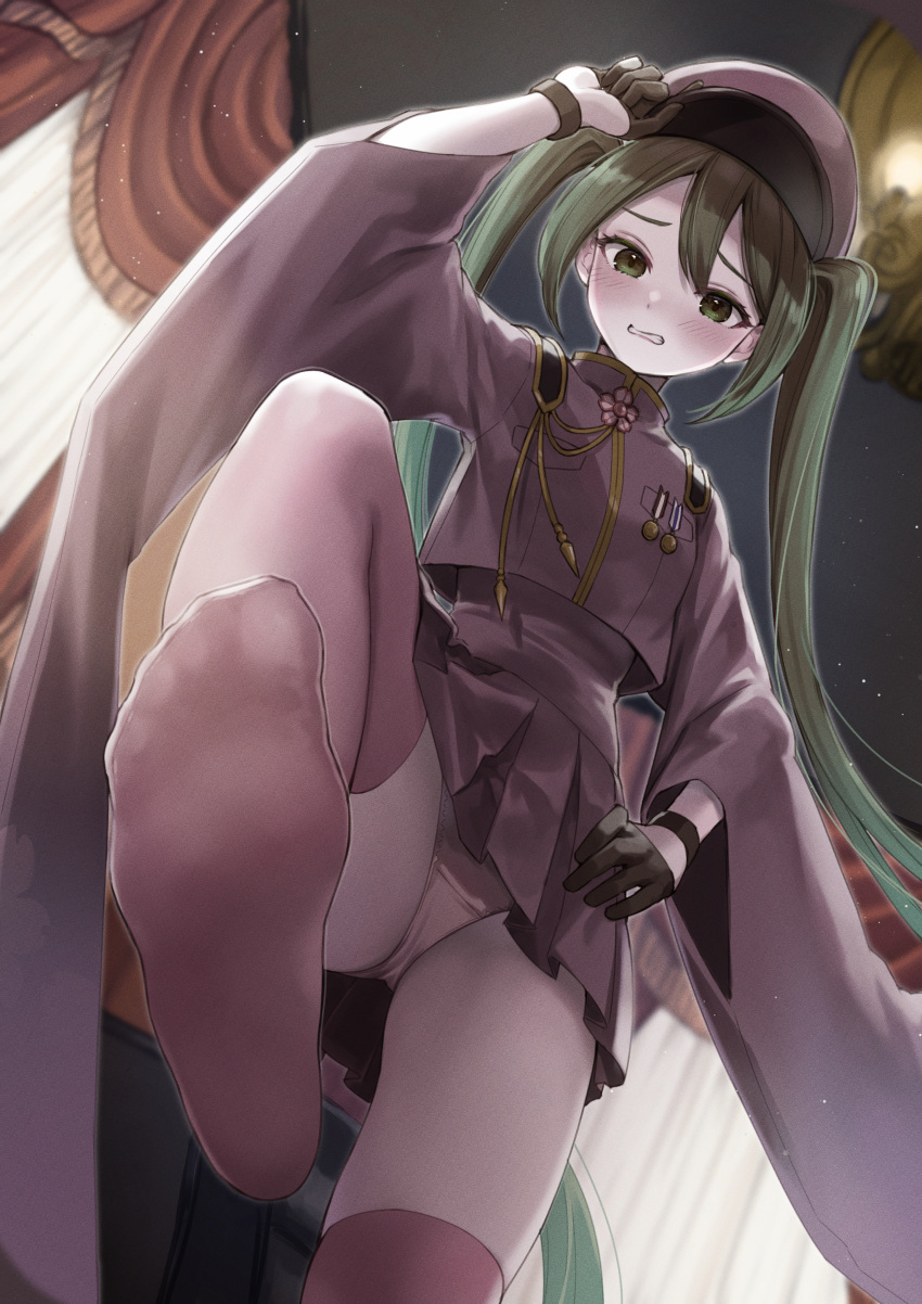 1girl absurdres arm_up black_gloves blush clenched_teeth commission curtains dutch_angle eyelashes feet foot_focus foot_out_of_frame foreshortening gloves gold_trim green_hair hair_between_eyes hat hatsune_miku highres indoors japanese_clothes long_hair looking_at_viewer military_uniform no_shoes panties pantyhose parted_bangs parted_lips peaked_cap pink_panties pleated_skirt purple_headwear purple_pantyhose purple_skirt purple_thighhighs sahara1127 senbon-zakura_(vocaloid) skeb_commission skirt soles solo standing standing_on_one_leg teeth thighhighs thighs toes twintails underwear uniform vocaloid wide_sleeves