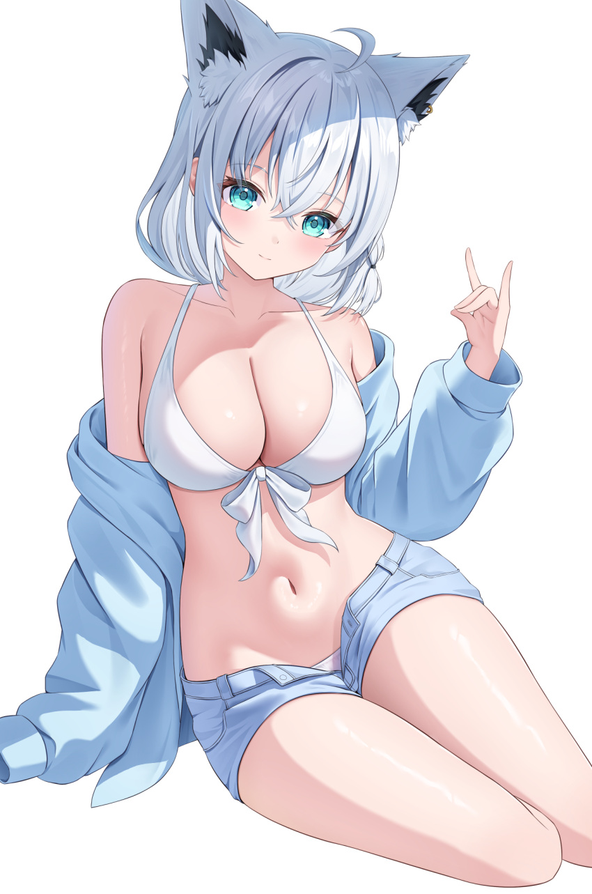 1girl ahoge animal_ear_fluff animal_ears bikini blue_hoodie blue_shorts blush braid breasts cleavage commentary_request earrings fox_ears fox_girl fox_shadow_puppet green_eyes hair_between_eyes highres hololive hood hoodie jewelry kag_tsukimi large_breasts long_hair looking_at_viewer open_clothes open_hoodie shirakami_fubuki short_shorts shorts sidelocks simple_background single_braid sitting smile solo swimsuit virtual_youtuber white_background white_bikini white_hair yokozuwari