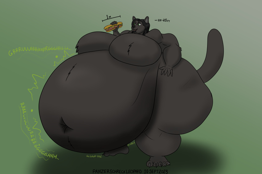 2023 3:2 absurd_res anthro belly big_belly big_breasts black_body black_fur black_hair breast_tuft breasts colored deep_navel featureless_breasts felid female food fur green_eyes hair hand_on_hip hi_res holding_food holding_object huge_breasts hungry hyper hyper_belly hyper_breasts laura_baecker leopard long_hair mammal musclegut navel nude nude_female obese obese_female overweight overweight_female pantherine panzerschreckleopard rumbling_stomach solo teeth wide_hips