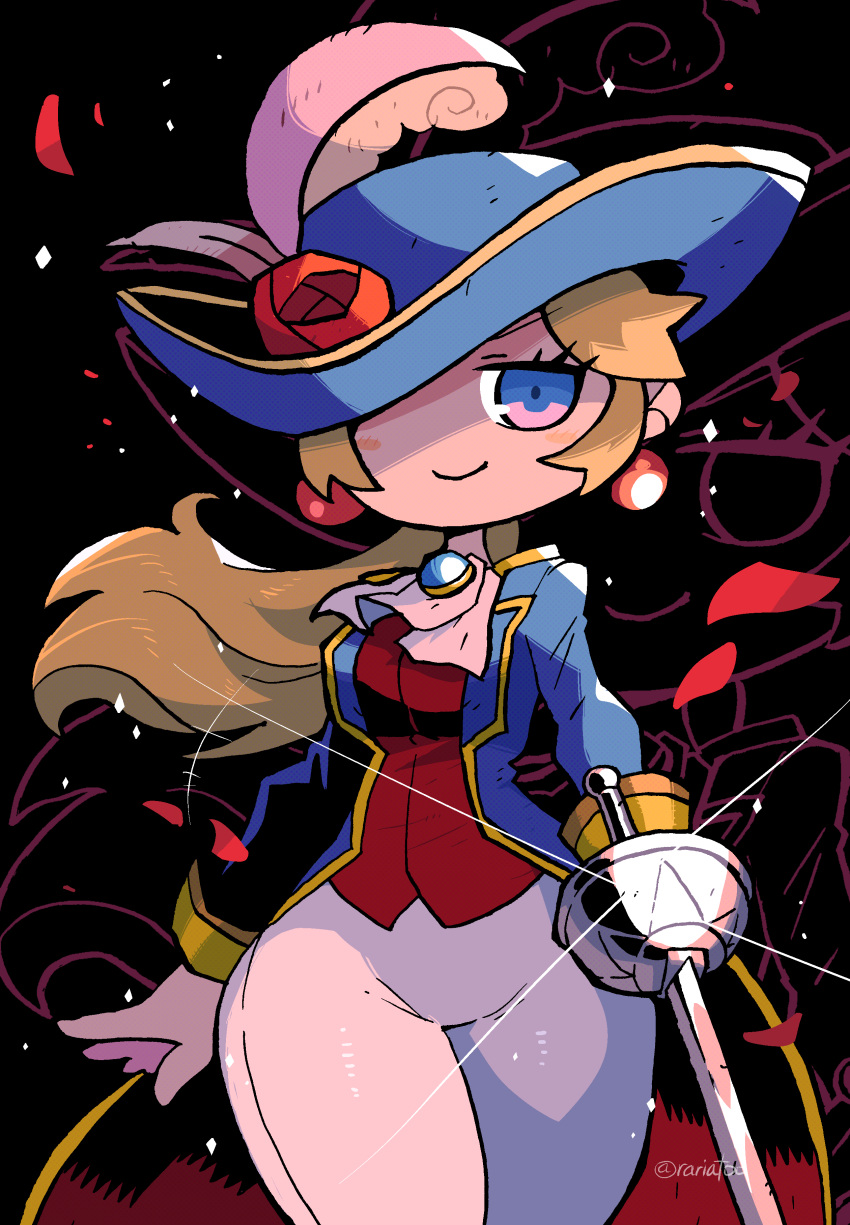 1girl absurdres aristocratic_clothes ascot black_background blonde_hair blue_eyes blue_headwear blue_jacket blush_stickers commentary earrings flower gloves gold_trim hat hat_feather hat_flower highres holding holding_sword holding_weapon jacket jewelry long_hair looking_at_viewer mario_(series) one_eye_covered pants petals ponytail princess_peach princess_peach:_showtime! rapier rariatto_(ganguri) red_flower red_rose red_vest rose rose_petals smile solo sphere_earrings sword swordfighter_peach symbol-only_commentary thick_thighs thighs twitter_username vest weapon white_ascot white_gloves white_pants
