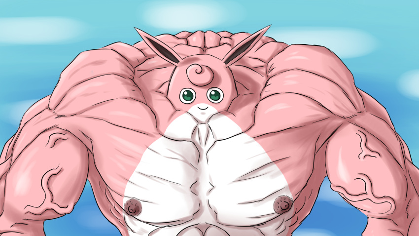 16:9 2020 abs anthro biceps big_muscles colored digital_drawing_(artwork) digital_media_(artwork) english_text ergomancy generation_1_pokemon growth hair hi_res huge_muscles hyper hyper_muscles looking_at_viewer male mammal muscle_growth muscular muscular_anthro muscular_male nightmare_fuel nintendo nipples nude pecs pink_body pokemon pokemon_(species) shaded simple_background smile solo text vein what_has_science_done where_is_your_god_now widescreen wigglytuff