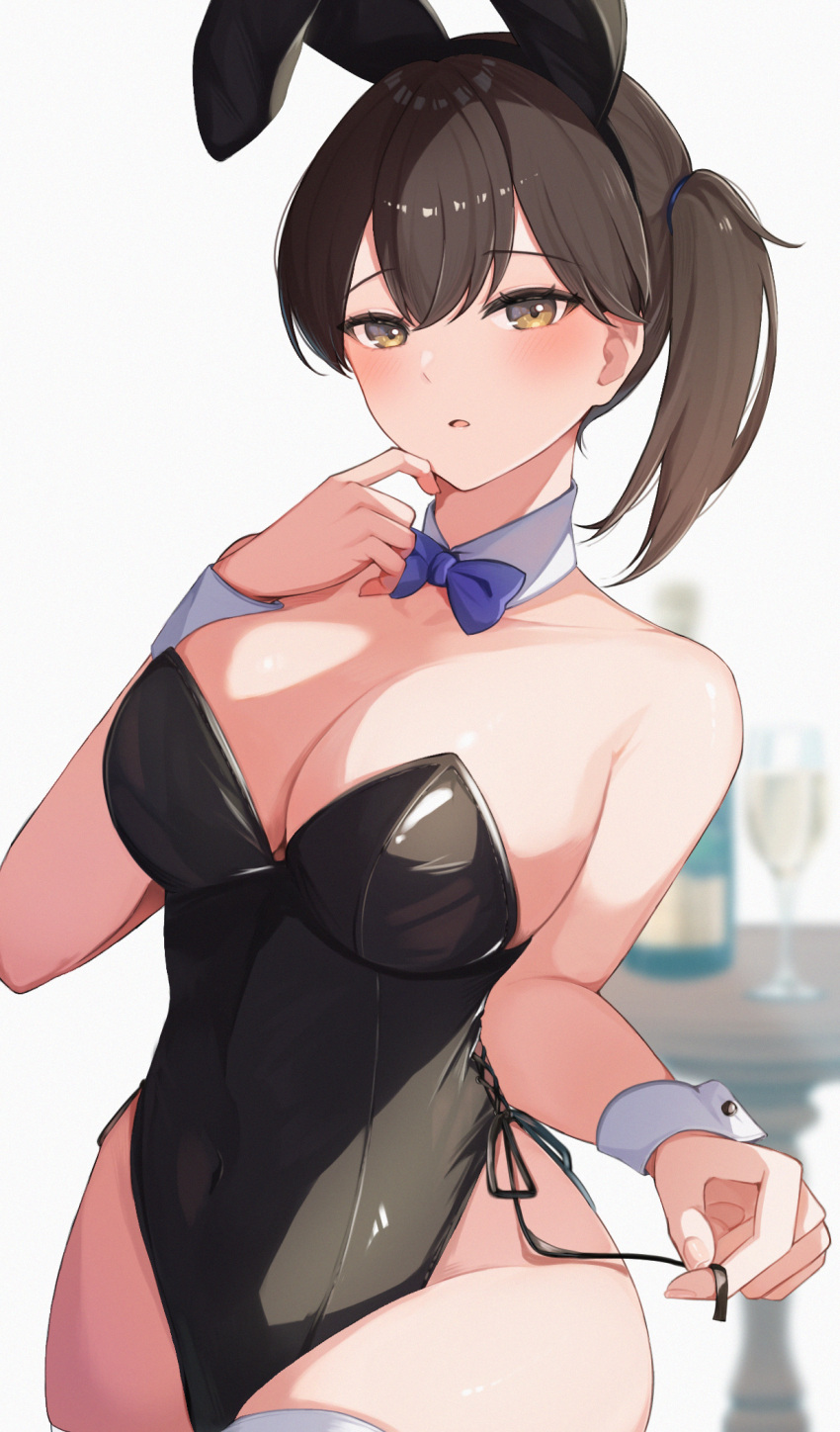 1girl animal_ears black_leotard blue_bow blue_bowtie blush bottle bow bowtie breasts brown_eyes brown_hair cup detached_collar drinking_glass fake_animal_ears highres kaga_(kancolle) kantai_collection large_breasts leotard looking_at_viewer parted_lips playboy_bunny rabbit_ears ranran_3939 short_hair solo table thighhighs white_thighhighs wine_glass wrist_cuffs