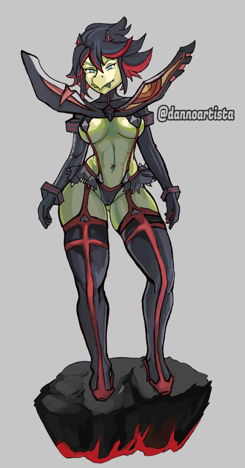 2023 absurd_res anthro artist_name big_breasts black_hair blue_eyes boots breasts camel_toe clothed clothing cosplay curvy_figure dannoartista digital_drawing_(artwork) digital_media_(artwork) dinosaur eyelashes female fingers footwear goodbye_volcano_high green_body green_scales grey_background hair hi_res high_heeled_boots high_heels highlights_(coloring) kill_la_kill legwear looking_at_viewer multicolored_hair navel ornithischian red_hair red_highlights reptile ryuko_matoi scales scalie senketsu short_hair simple_background skimpy smile snoot_game solo stegosaurian stegosaurus stella_(snoot_game) stockings studio_trigger thick_thighs thigh_boots thigh_highs thyreophoran two_tone_hair watermark wide_hips