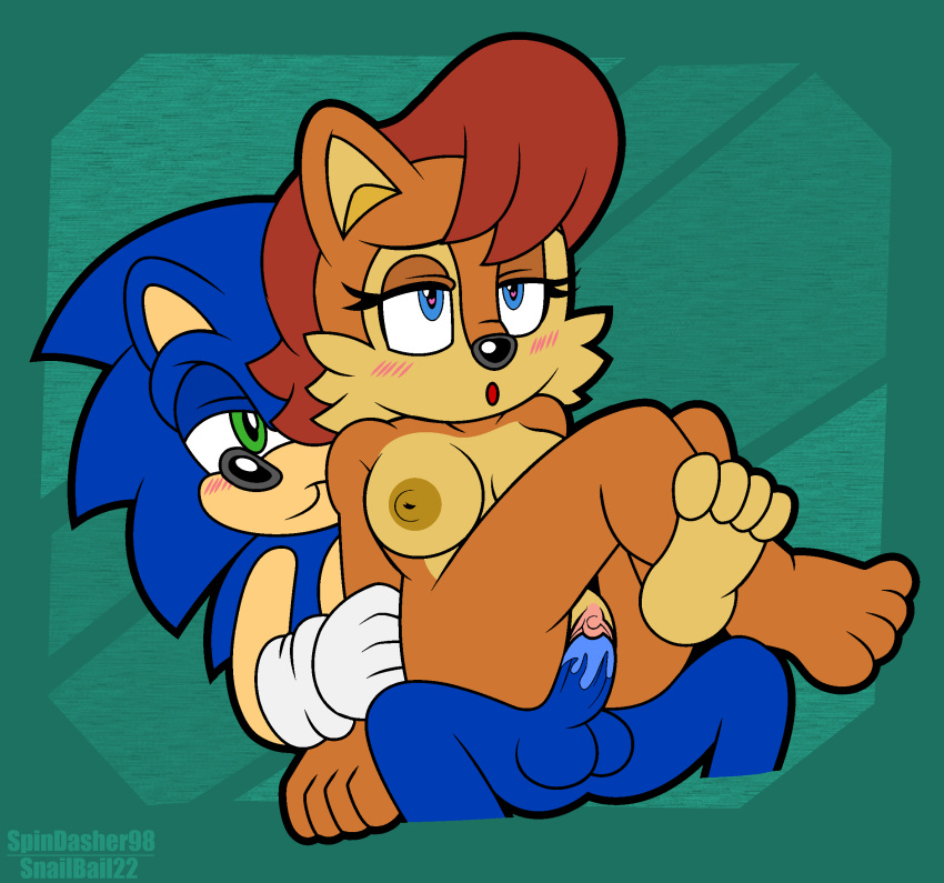 anthro archie_comics aroused balls blush bodily_fluids breasts chipmunk duo eulipotyphlan feet female genital_fluids genitals ground_squirrel hedgehog hi_res male male/female mammal penetration penis pussy pussy_juice rodent sally_acorn sciurid sega smile smirk snailbail22 sonic_the_hedgehog sonic_the_hedgehog_(archie) sonic_the_hedgehog_(comics) sonic_the_hedgehog_(series) spindasher98