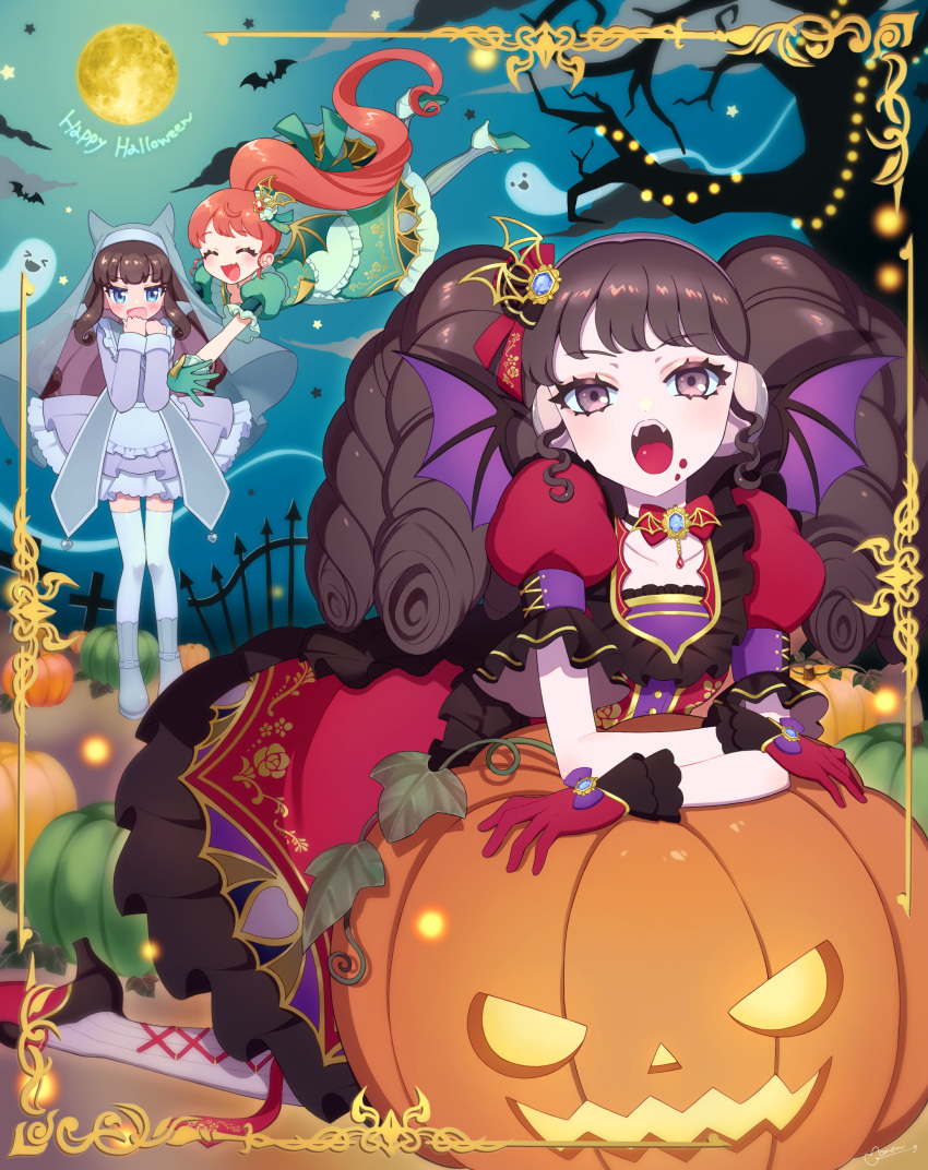 3girls :d absurdres apron arm_support bare_tree black_hair blue_dress blue_eyes blue_footwear blush boots bow brown_hair closed_eyes commentary_request cross demon_wings dress drill_hair facing_another fang fangs fence frilled_dress frills full_moon garuru_(pripara) ghost gloves glowing halloween hands_up happy_halloween high_heels highres jack-o'-lantern kurosu_aroma leaning_on_object lolita_fashion long_hair long_sleeves looking_at_viewer momokan_(mmkn100) moon multiple_girls night night_sky open_mouth outdoors outstretched_arms ponytail pretty_(series) pripara puffy_short_sleeves puffy_sleeves pumpkin red_bow red_dress red_gloves red_hair shiratama_mikan short_sleeves sidelocks sky smile solo_focus star_(symbol) thighhighs tree twin_drills veil white_apron white_thighhighs wing_hair_ornament wings