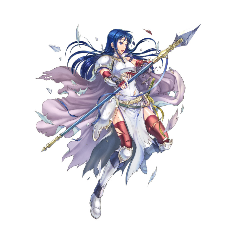 1girl armor blue_eyes blue_hair breastplate cape elbow_gloves fire_emblem fire_emblem:_the_blazing_blade fire_emblem_heroes full_body gloves holding holding_polearm holding_weapon isadora_(fire_emblem) long_hair official_art pelvic_curtain polearm shoulder_armor solo sword vambraces weapon white_cape