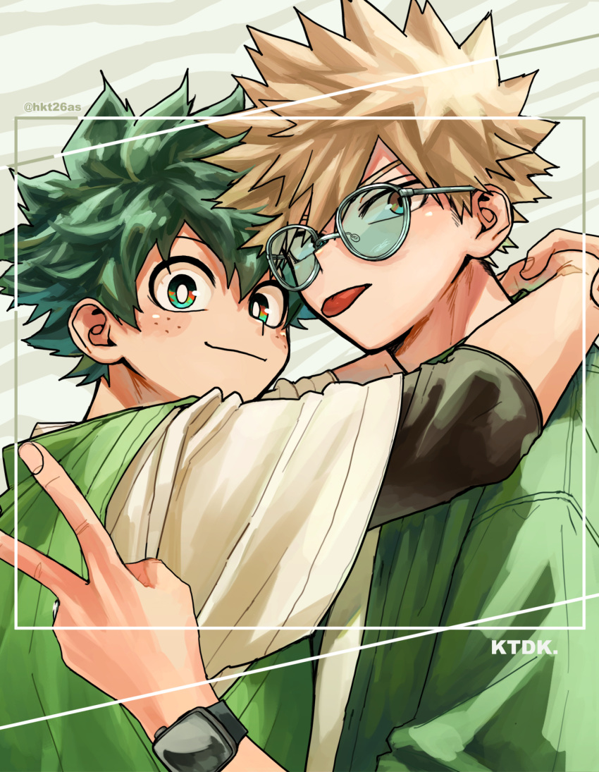 2boys alternate_costume bakugou_katsuki blonde_hair blush boku_no_hero_academia closed_mouth commentary freckles green-tinted_eyewear green_eyes green_hair green_jacket grey-framed_eyewear highres hkt26as hug jacket looking_at_viewer male_focus midoriya_izuku multiple_boys shirt short_hair smartwatch smile spiked_hair tinted_eyewear tongue tongue_out upper_body v watch white_shirt wristwatch