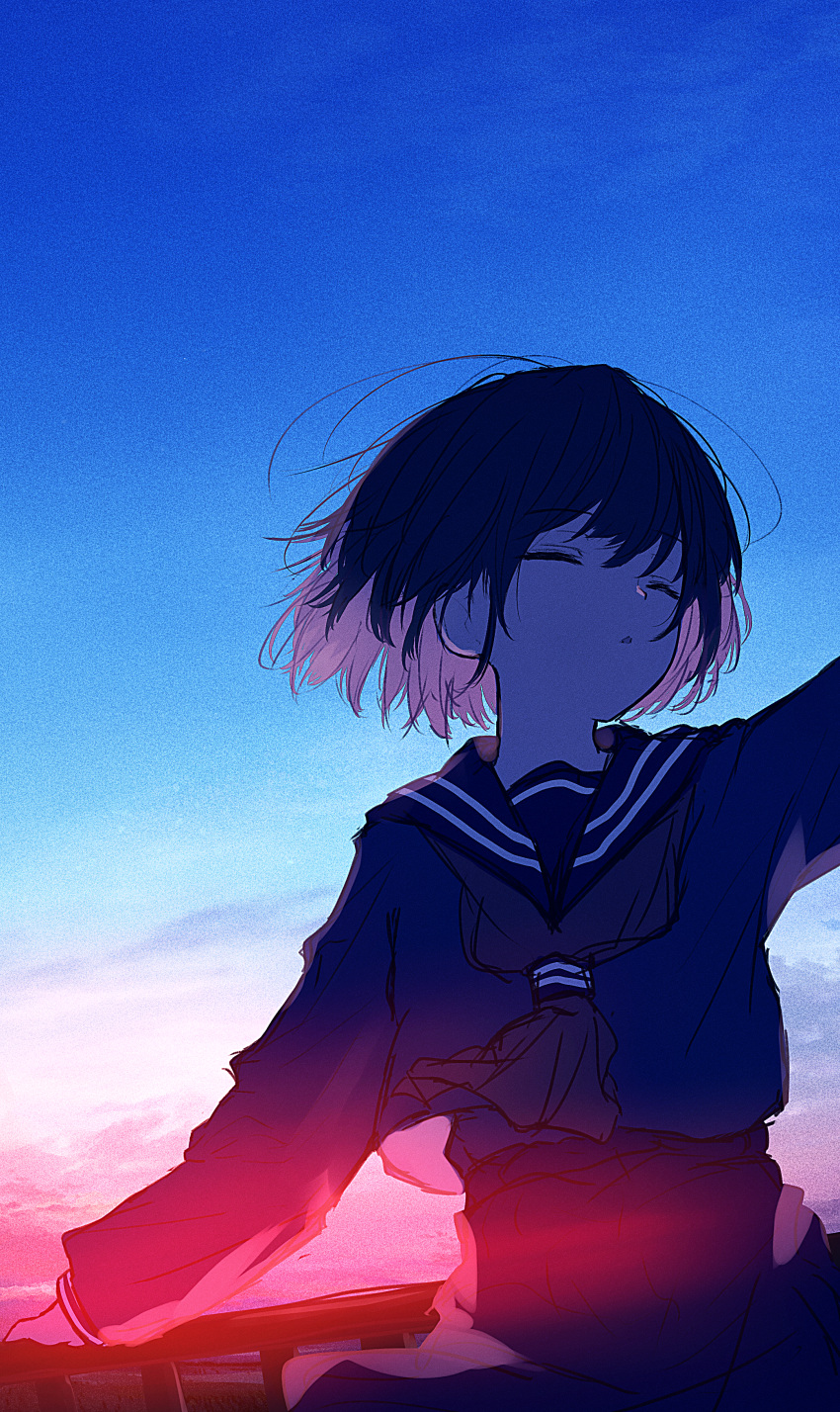 1girl absurdres black_hair black_skirt blue_neckerchief blue_sky closed_eyes highres long_sleeves mifuru neckerchief original parted_lips scenery school_uniform serafuku short_hair skirt sky solo