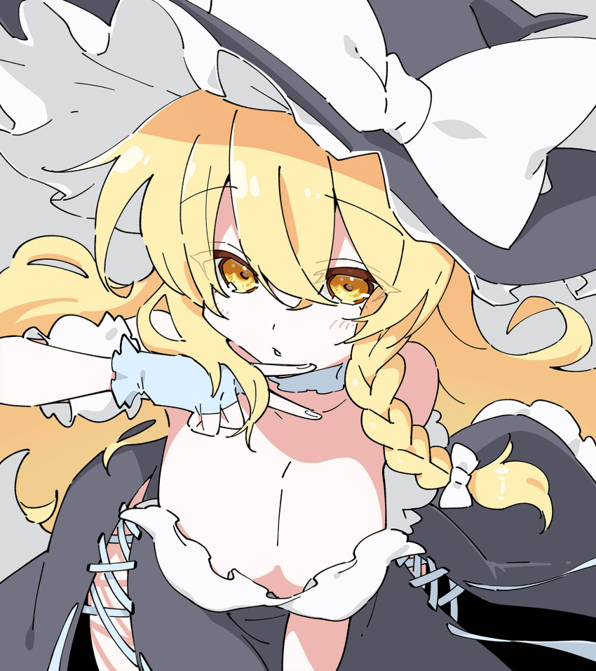 1girl adapted_costume bare_shoulders black_headwear black_skirt blonde_hair blush bow braid breasts choker cleavage commentary detached_sleeves fingerless_gloves futoumeido gloves grey_background grey_gloves hair_between_eyes hair_bow hand_up hat hat_bow hat_ribbon highres kirisame_marisa large_breasts long_hair looking_at_viewer puffy_short_sleeves puffy_sleeves ribbon shirt short_sleeves side-tie_skirt side_braid simple_background single_braid skirt solo touhou v white_bow white_choker white_ribbon white_shirt witch_hat yellow_eyes