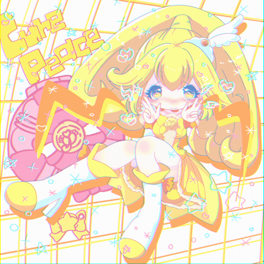 1girl blonde_hair blush boots bow breasts character_name chromatic_aberration cure_peace double_w eyelashes heart highres ichigotanimiru kise_yayoi lightning_bolt_symbol medium_breasts no_nose precure smile smile_precure! solo star_(symbol) w white_footwear yellow_bow yellow_eyes