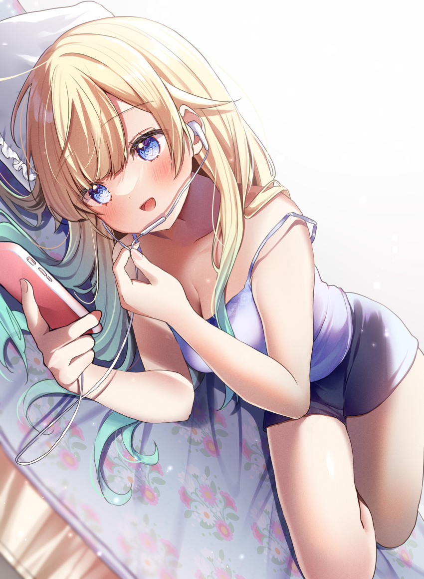 1girl absurdres aizawa_ema bare_shoulders bed black_shorts blonde_hair blue_eyes blue_hair blunt_bangs blush breasts camisole diamond-shaped_pupils diamond_(shape) dutch_angle gradient_hair hair_flaps headphones highres long_hair looking_at_phone lying medium_breasts multicolored_hair on_bed on_side open_mouth phone pome_charo short_shorts shorts smile solo strap_slip symbol-shaped_pupils talking_on_phone very_long_hair virtual_youtuber vspo! white_camisole