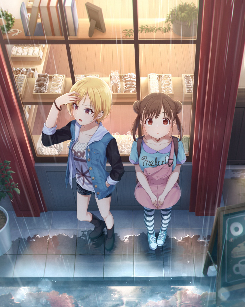 2girls ankle_boots ayami_(ayanoayanosuke) blonde_hair book boots brown_hair collarbone cookie double_bun food hair_bun hand_in_pocket hand_on_own_forehead highres idolmaster idolmaster_shiny_colors jacket jewelry long_hair long_sleeves looking_at_viewer looking_away looking_up multiple_girls necklace open_clothes open_jacket open_mouth picture_frame plant polka_dot polka_dot_shirt potted_plant rain red_eyes saijo_juri shelter shirt shoes shop short_hair short_sleeves shorts skirt sneakers socks sonoda_chiyoko standing striped striped_socks suspender_skirt suspenders sweatdrop v_arms water_drop window