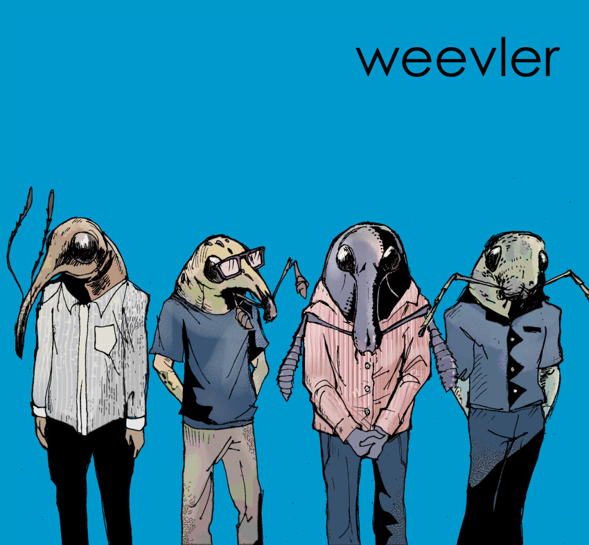 ambiguous_gender antennae_(anatomy) anthro arthropod bald bedupolker beetle black_text blue_background bottomwear clothed clothing dress_shirt eyewear fully_clothed glasses group hands_behind_back hi_res humor insect pants parody pun shirt simple_background snout standing t-shirt text topwear weevil weezer